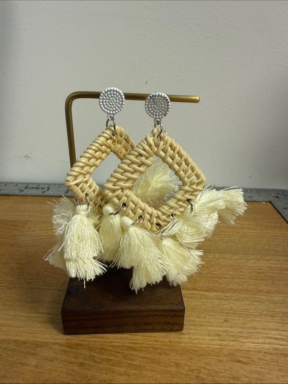 Rattan woven and string cream tassel large diamond shaped woven earrings